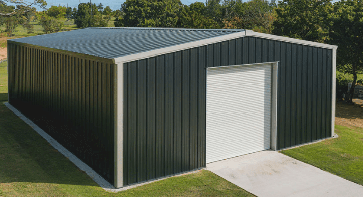 35x45 steel building with roll-up doors, custom siding, and clear-span interior.