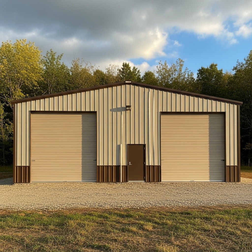 35x45 steel building with roll-up doors, custom siding, and clear-span interior.